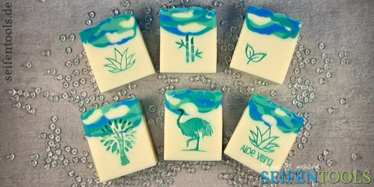 Aloe-Straußen-Seife mit Stempelmotiven "Aloe vera", "Aloe vera 2", "Bambus", "Baum", "2 Blätter", "Strauß"