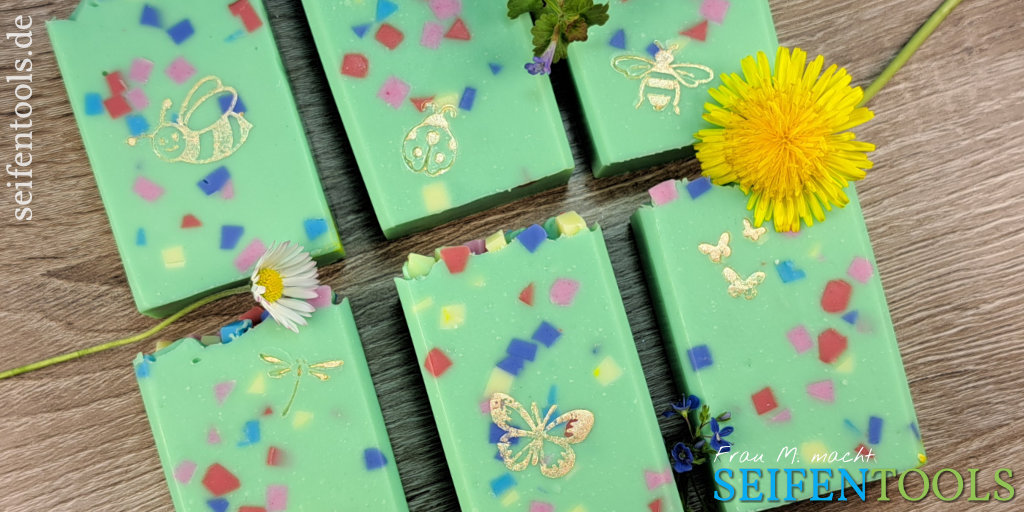 Seifen mit Seifenstempeln Bienen, Schmetterlinge, Marienkäfer, Libelle